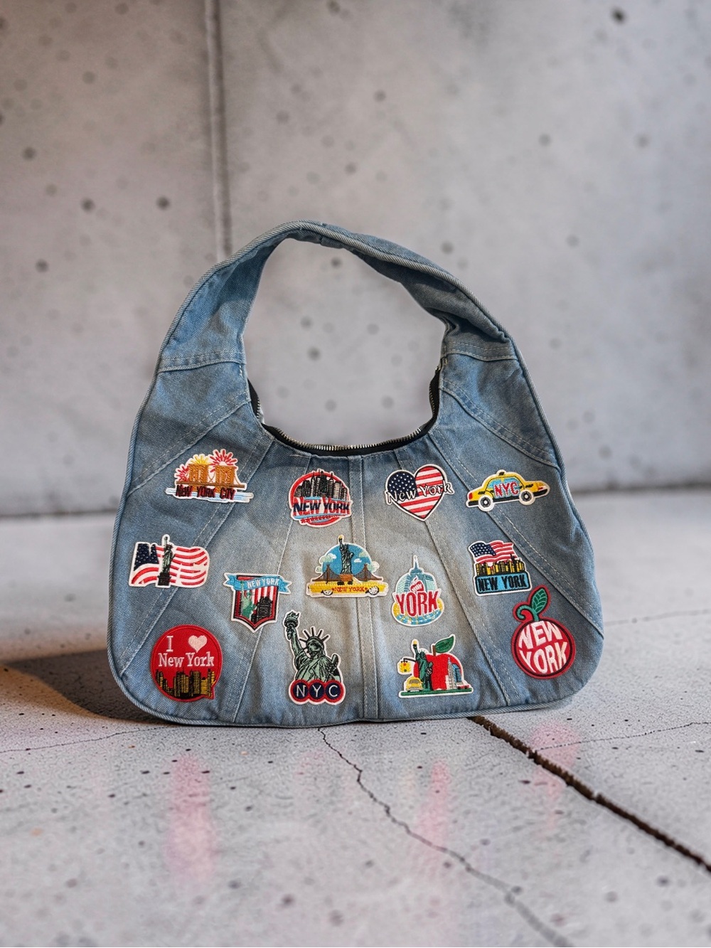 Denim Patchwork Shoulder Bag with New York Patches - Light Blue